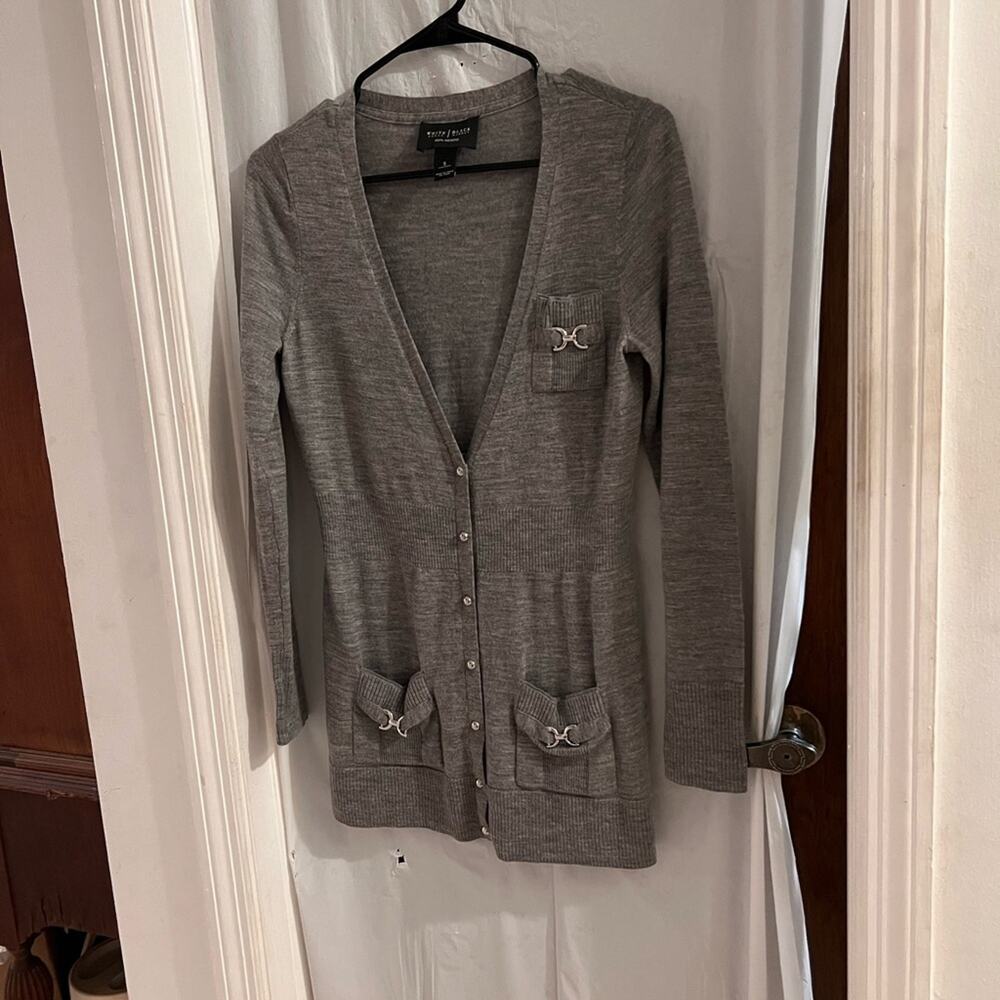 White House black market gray snap front 100% merino wool sweater size s